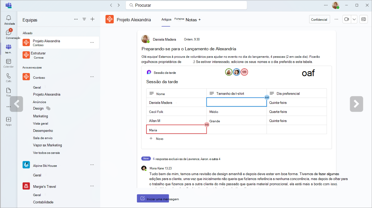 Captura de ecrã a mostrar os componentes do ciclo nos canais do Teams.