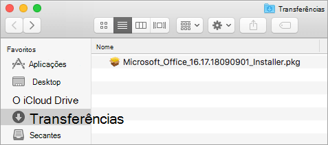 O ícone Transferências na Dock mostra o pacote de instalação do Office 365