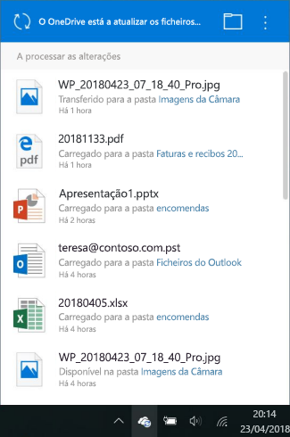 Ecrã de processamento de alterações do OneDrive