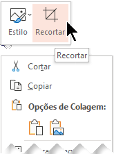 O botão Recortar é apresentado acima ou abaixo do menu de pop-up