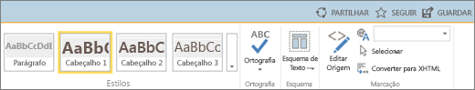 Captura de ecrã de uma secção do friso do SharePoint Online com os controlos Partilhar, Seguir e Guardar.