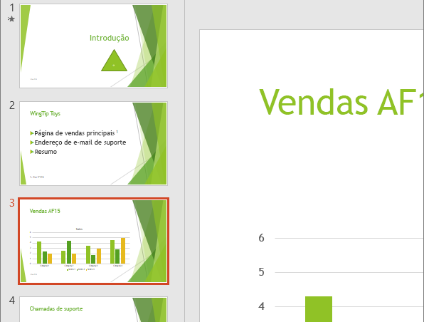 Apresenta o Painel de Diapositivos com o terceiro diapositivo selecionado no PowerPoint