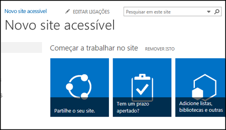 Captura de ecrã do novo site SharePoint, que mostra os mosaicos utilizados para o personalizar