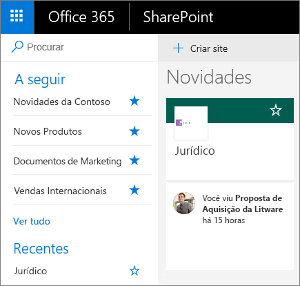 Captura de ecrã da home page na vista Moderna do SharePoint.