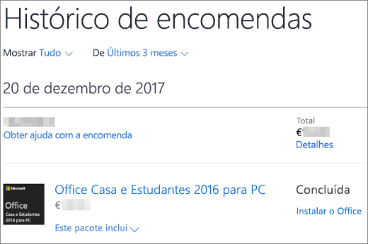 Mostra a página Histórico de Encomendas na Microsoft Store