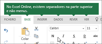 Os separadores Base, Inserir, Dados e Ver no Excel na Web