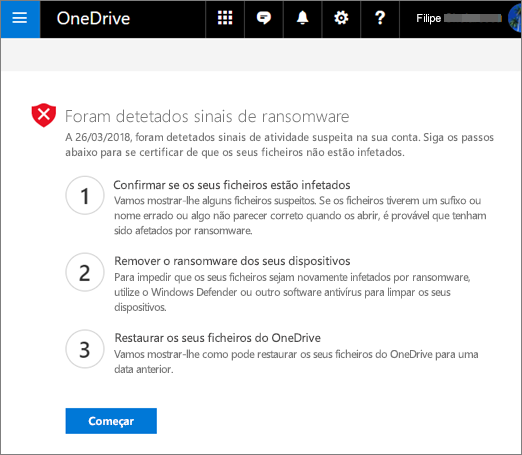 Captura de ecrã do ecrã Sinais de ransomware detetado no site do OneDrive