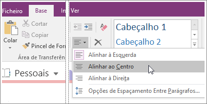 Captura de ecrã do botão Alinhamento do Parágrafo no OneNote 2016.