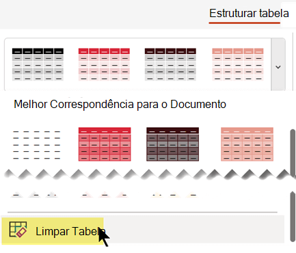 Remova um estilo de tabela com o comando Limpar Tabela.