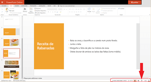 Para começar a apresentação de diapositivos a partir do diapositivo atual, clique no botão de apresentação de diapositivos no canto inferior direito do seu browser.