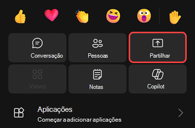 Um menu numa reunião com opções para começar a gravar, colocar-se em modo de espera, ligar para si próprio, partilhar, obter um teclado telefónico ou desligar o vídeo recebido.