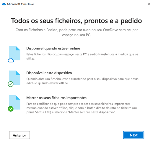 O ecrã Ficheiros a Pedido no assistente Bem-vindo ao OneDrive