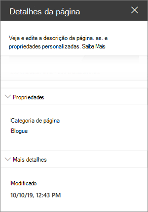 Painel de detalhes da página com categoria de página de blog