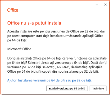 Mesaj de eroare de instalare dacă există o problemă de incompatibilitate pe 32 de biți sau 64 de biți