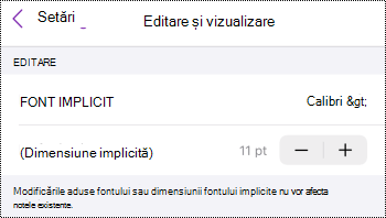 Meniul Editare și vizualizare din setările OneNote pentru iOS.