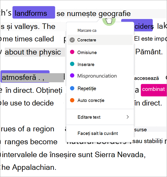 Captură de ecran a listei verticale care clasifică erorile, puteți marca erorile ca corecte, omisiuni, inserare, pronunție greșită, repetare sau auto-corecție.