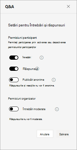 Captură de ecran afișând setările QandA în timpul unei săli de oraș