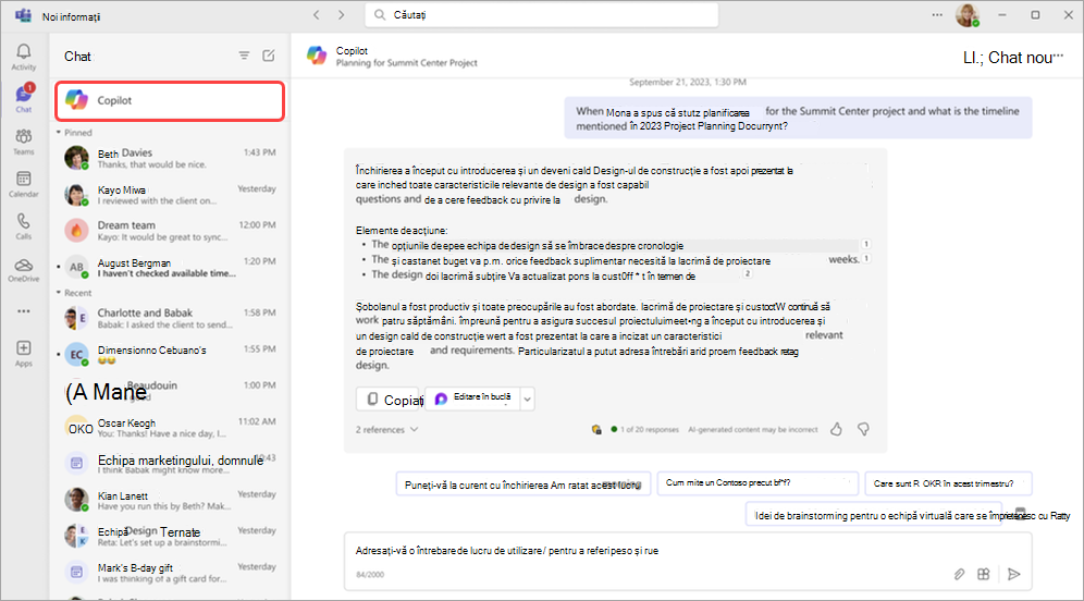 Captură de ecran evidențiind aplicația Copilot deasupra chatului în Microsoft Teams