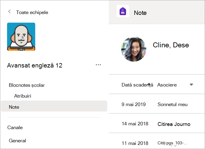 Aplicația Note deschisă într-o echipă a clasei.