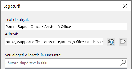 Captură de ecran a casetei de dialog pentru link în OneNote. Conține două câmpuri de completat: Text de afișat și Adresă.