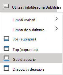 Setări subtitrare în PowerPoint Online.