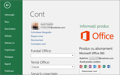 Contul Microsoft asociat cu Office apare în fereastra Cont unei aplicații Office