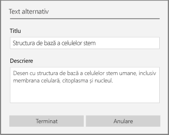 Caseta de dialog Text alternativ pentru adăugarea textului alternativ în OneNote pentru Windows 10.