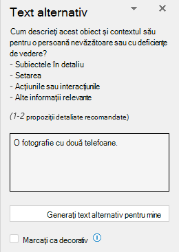 Panoul text alternativ afișând un exemplu de text alternativ greșit.