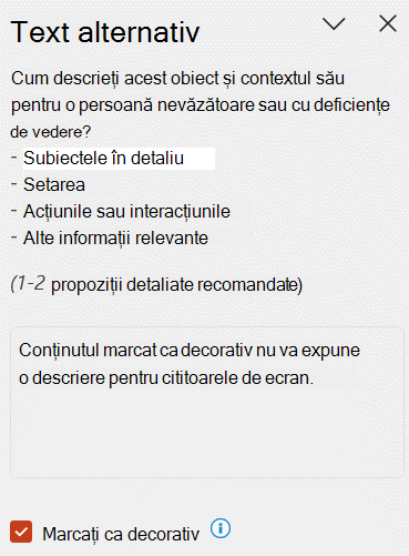 Imagine marcată ca decorativă în panoul Text alternativ.