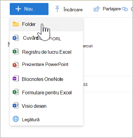 Captură de ecran a meniului vertical din Onedrive, mouse-ul trece peste "folder"