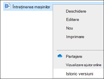 Explorer meniu, inclusiv opțiunea Istoric versiuni.