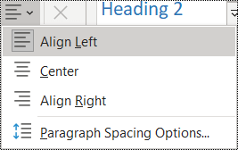 Captură de ecran a opțiunilor Aliniere paragraf din OneNote 2016.