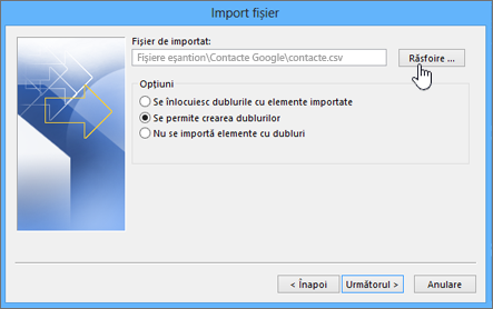 Navigați la fișierul csv de persoane de contact și alegeți cum doriți să tratați persoanele de contact dublate