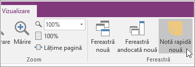 Captură de ecran cu butonul Notă rapidă nouă din OneNote 2016.