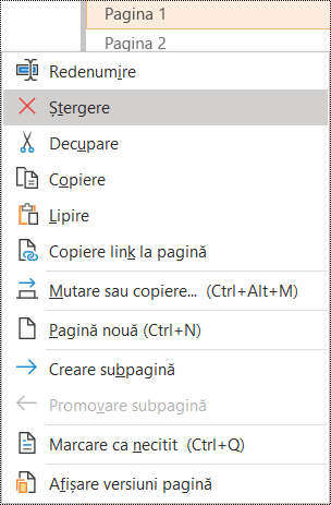 Caseta de dialog Ștergere pagină din OneNote pentru Windows