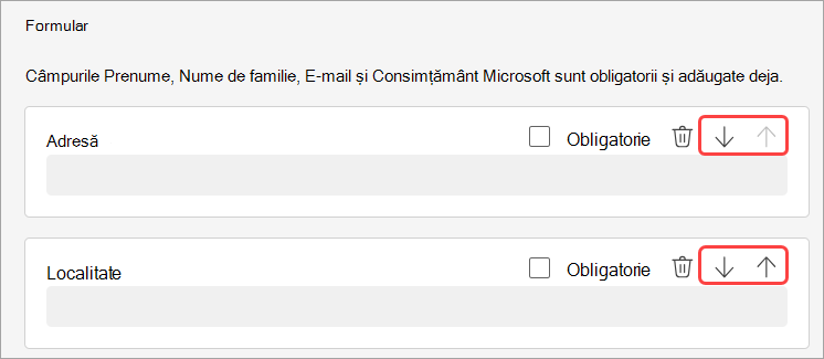 Captură de ecran care evidențiază modul de reordonare a întrebărilor de înregistrare pentru un webinar.