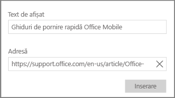 Captură de ecran a casetei de dialog pentru adăugarea unui link de hipertext în OneNote pentru Windows 10.