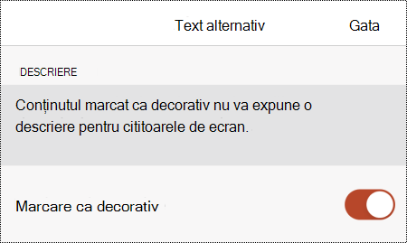 Opțiunea Marcare ca decorativ selectată în caseta de dialog Text alternativ din PowerPoint pentru iOS.