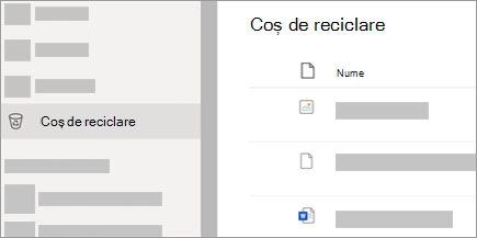 Captură de ecran care afișează fila Coș de reciclare de pe OneDrive.com.