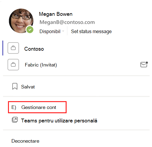 Pe o fișă de profil, o casetă roșie evidențiază Gestionați contul.