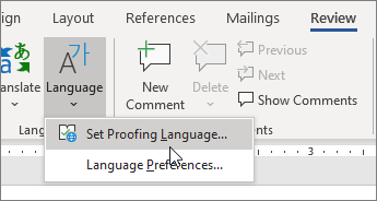 Alegeți Setare limbă de verificare din meniul Limbă de pe fila Revizuire.