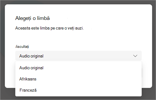 Captură de ecran a meniului vertical cu opțiunile lingvistice în care să traduceți în timpul întâlnirii Teams.