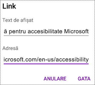 Caseta de dialog Adăugare hyperlink din OneNote pentru Android