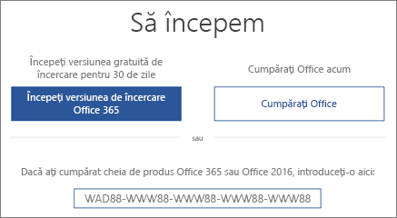 Afișează ecranul „Să începem”, care indică faptul că o versiune de încercare Office 365 este inclusă pe acest dispozitiv