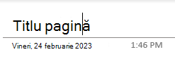 Câmpurile text titlu pagină de pe o pagină din OneNote pentru Windows 10.