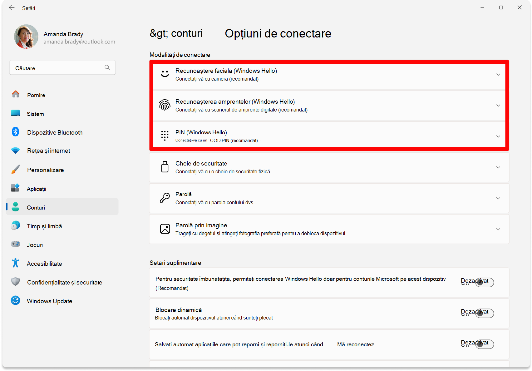 Captură de ecran cu Setări - Opțiuni pentru configurarea Windows Hello.