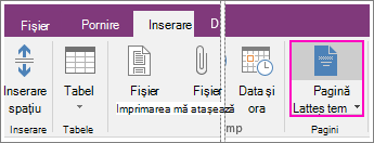 Captură de ecran a butonului Șabloane de pagină din OneNote 2016.