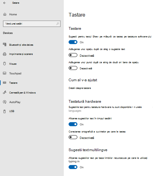 Opțiunea pentru sugestii de text în timp ce tastați în Windows