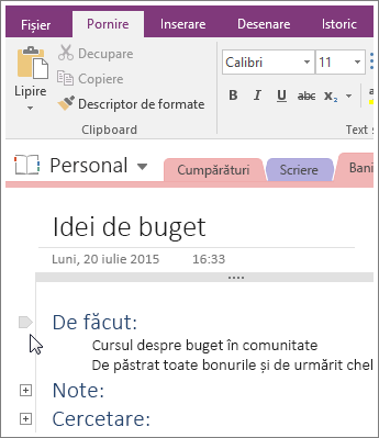 Captură de ecran a restrângerii unei schițe în OneNote 2016.