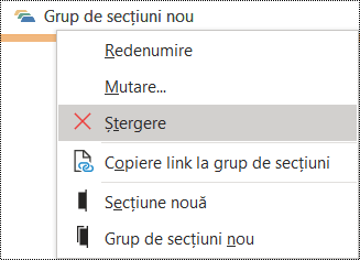 Caseta de dialog Ștergere grup de secțiuni din OneNote pentru Windows